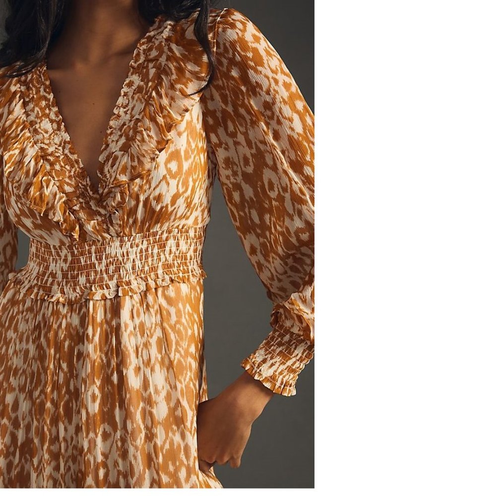 Anthropologie The Odetta Ruffled V-Neck Dress size S honey color new - Picture 3 of 10